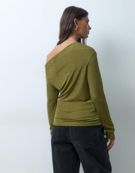 Gina Tricot long sleeve one shoulder draped top in olive green shimmer, 4 of 5