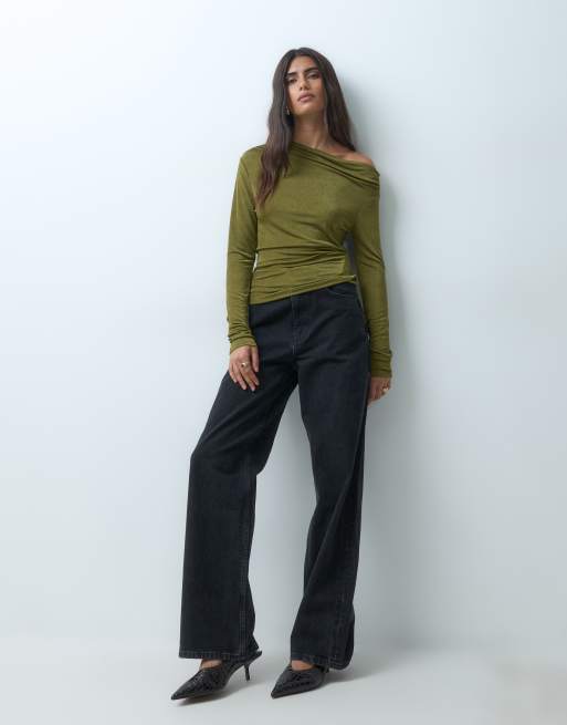 Gina Tricot long sleeve one shoulder draped top in olive green shimmer, 5 of 5