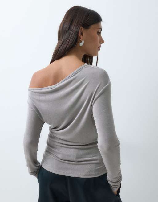 Gina Tricot long sleeve one shoulder draped top in silver shimmer, 4 of 5