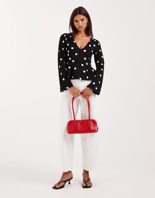 Gina Tricot long sleeve peplum top in black polka dot, 2 of 4