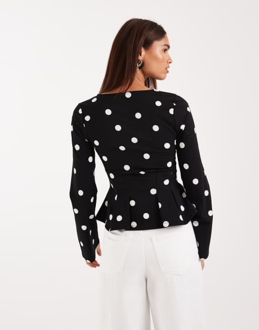 Gina Tricot long sleeve peplum top in black polka dot, 4 of 4
