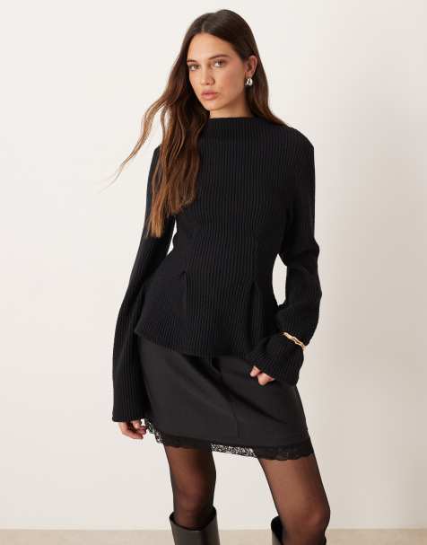 Gina Tricot long sleeve peplum top in black - view 1