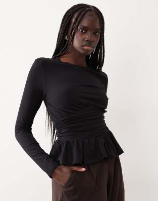 Gina Tricot Long Sleeve Peplum Top In Black