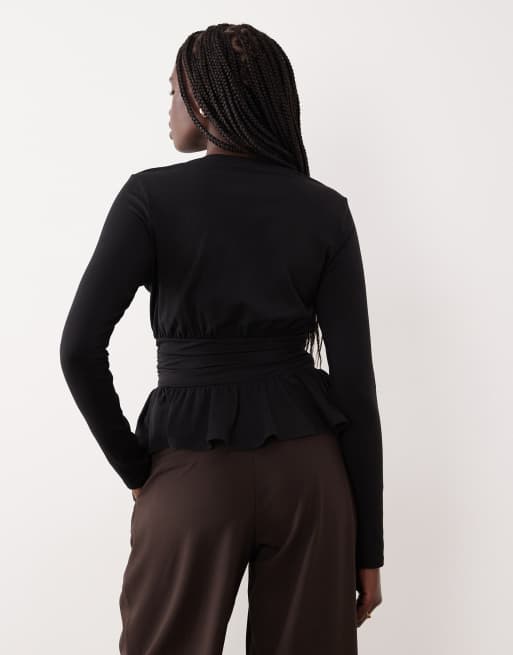 Gina Tricot long sleeve peplum top in black, 2 of 4