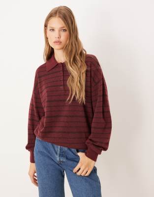 GINA TRICOT Gina Tricot long sleeve polo collar knitted sweater in burgundy red stripe