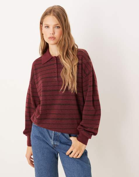 Gina Tricot long sleeve polo collar knitted sweater in burgundy red stripe - view 1