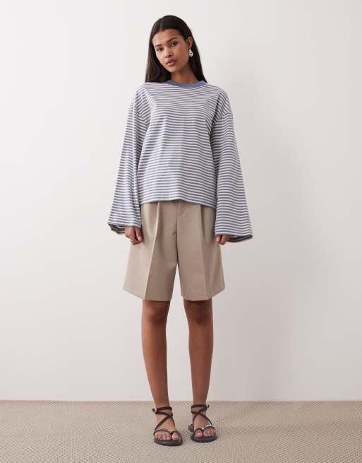 Gina Tricot long sleeve relaxed fit long sleeve tee in blue stripe, 4 of 4