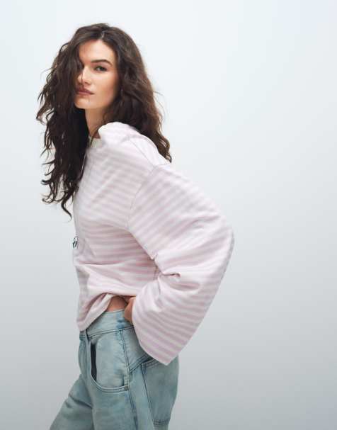 Gina Tricot long sleeve relaxed fit long sleeve tee in lilac stripe - view 1