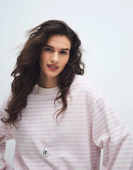 Gina Tricot long sleeve relaxed fit long sleeve tee in lilac stripe, 2 of 11