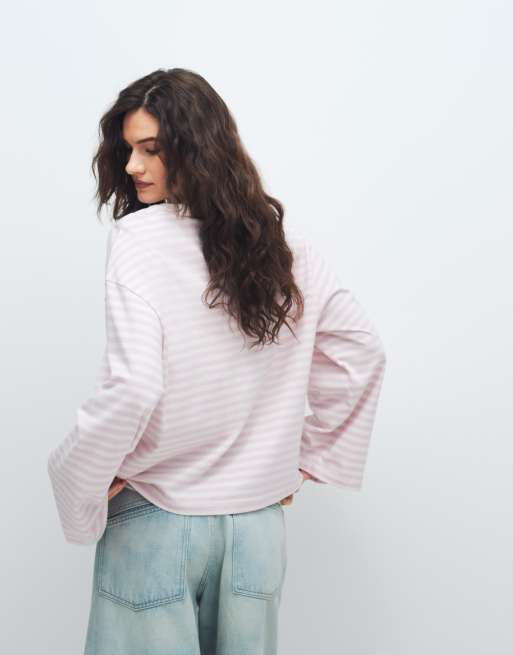 Gina Tricot long sleeve relaxed fit long sleeve tee in lilac stripe, 4 of 11