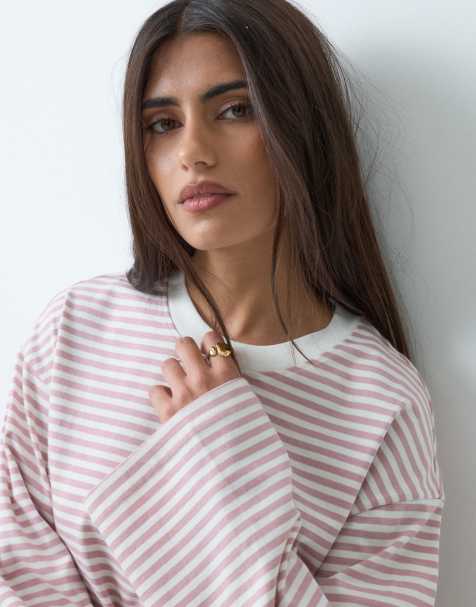 Gina Tricot long sleeve relaxed fit long sleeve tee in white & pink stripe