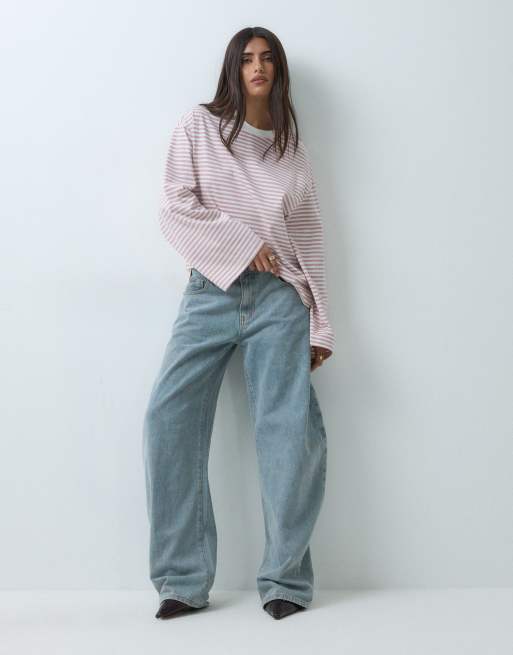 Gina Tricot long sleeve relaxed fit long sleeve tee in white & pink stripe, 3 of 5