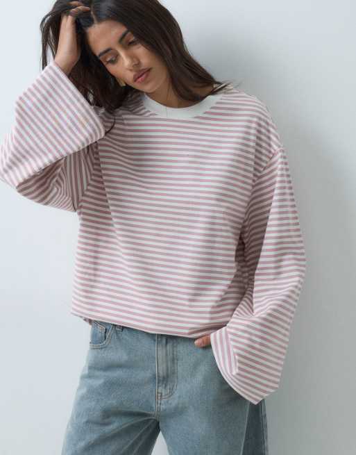 Gina Tricot long sleeve relaxed fit long sleeve tee in white & pink stripe, 4 of 5