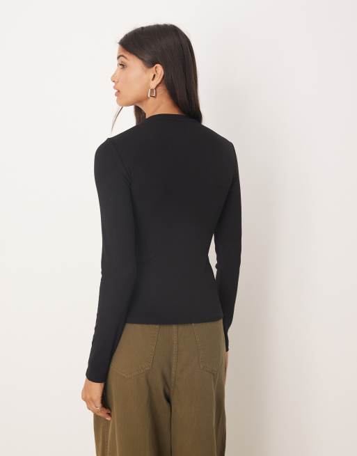 Gina Tricot long sleeve ribbed buckle top in black