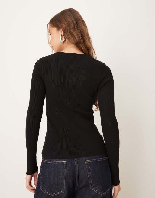 Gina Tricot long sleeve ribbed button down knit top in black, 3 of 4