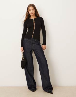 Gina Tricot Long Sleeve Ribbed Button Down Knitted Top In Black