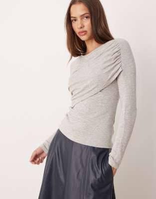 Gina Tricot Long Sleeve Ruched Slim Fit Drapey Top In Gray