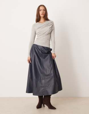 Gina Tricot Long Sleeve Ruched Slim Fit Drapey Top In Gray