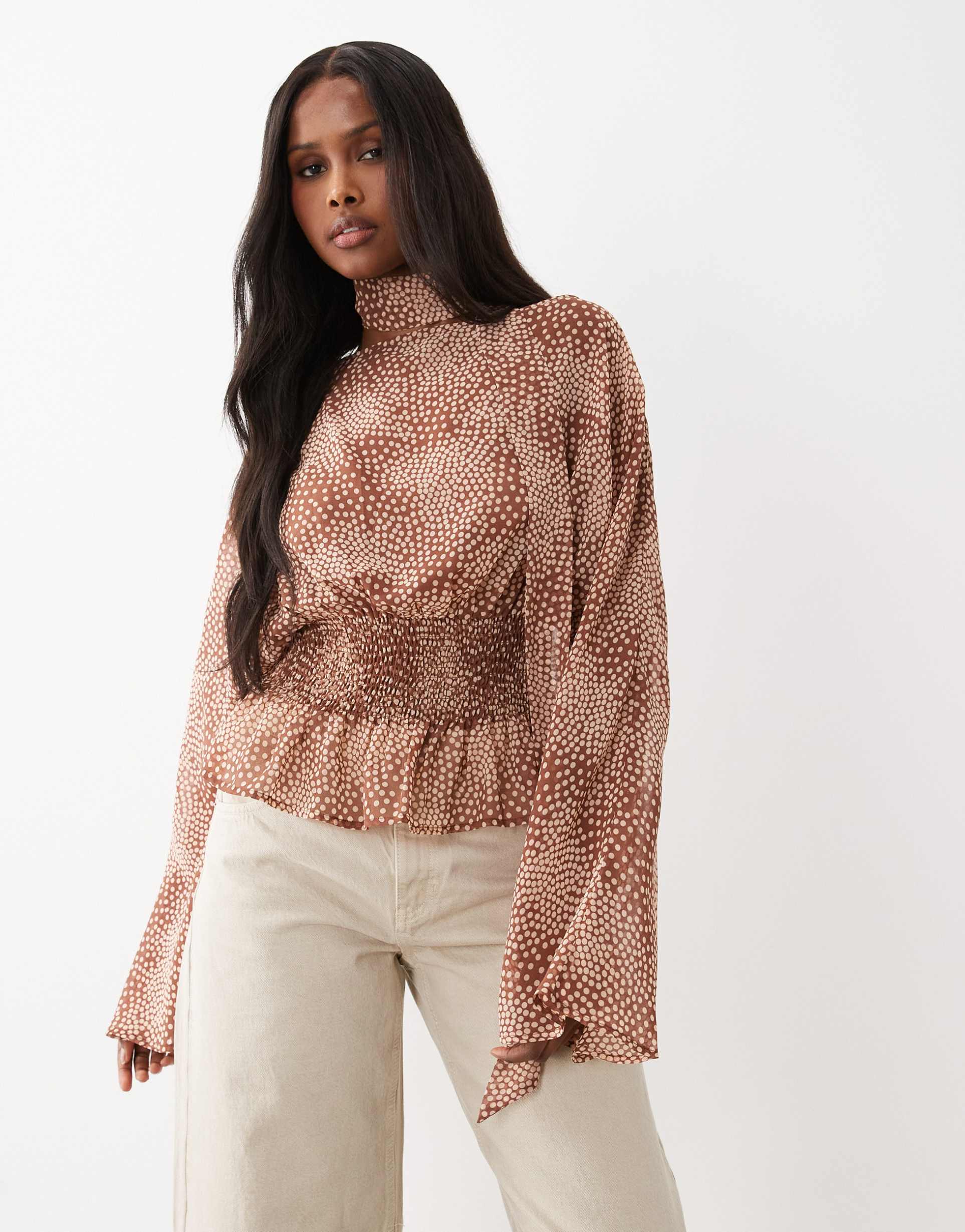 gina tricot long sleeve scarf blouse top in light brown polka dots