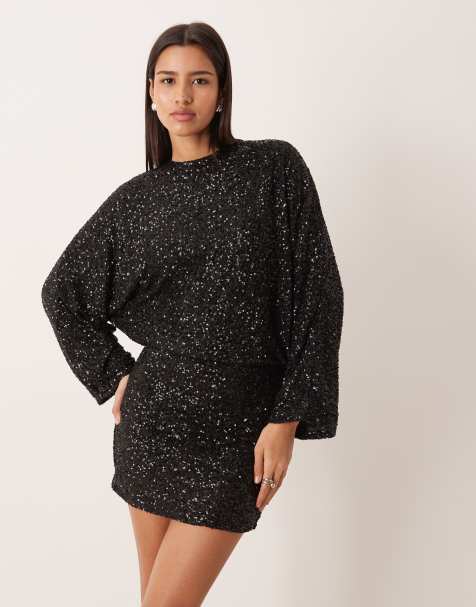 Gina Tricot long sleeve sequin low back mini dress in black - view 1