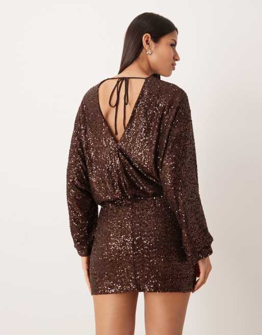 Gina Tricot long sleeve sequin low back mini dress in dark brown, 2 of 4
