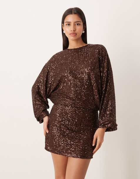 Gina Tricot long sleeve sequined low back mini dress in dark brown - view 1