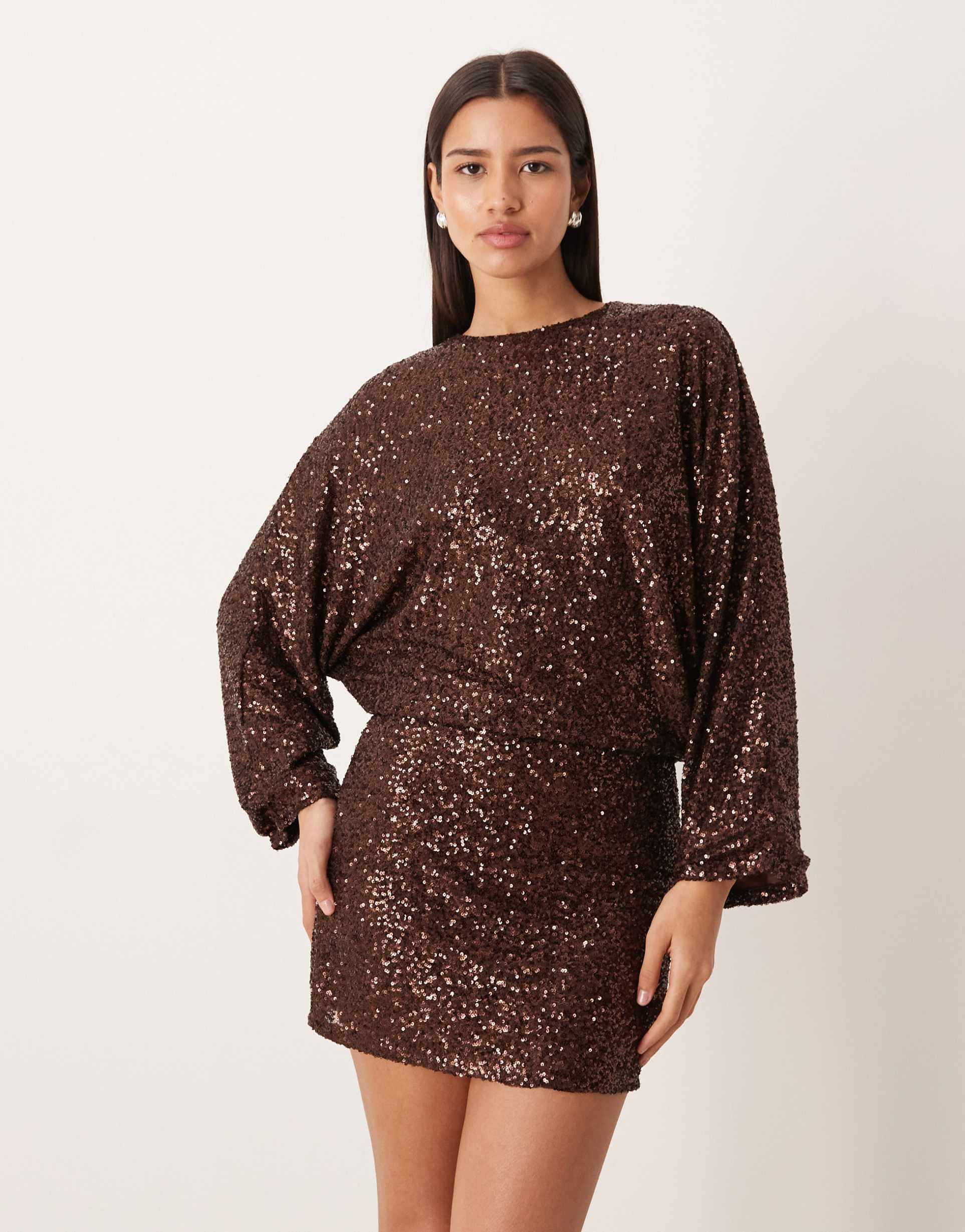 gina tricot long sleeve sequined low back mini dress in dark brown