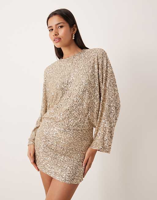 gold long sleeve dress LaDivine CH054 Formal Sequin Fitted Evening Made in Los Angeles Buy Champagne Gold Twist Front
