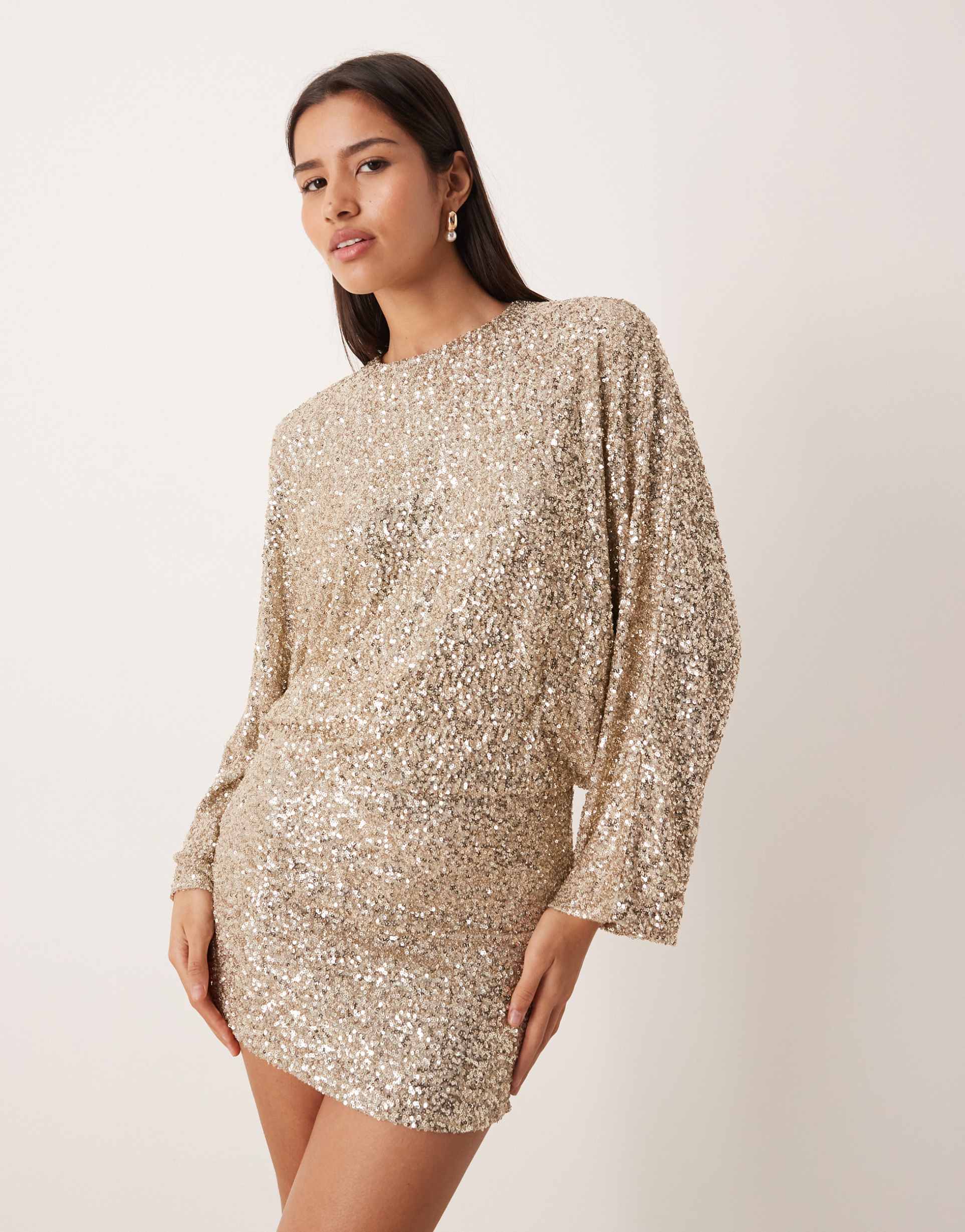 gina tricot long sleeve sequined low back mini dress in gold