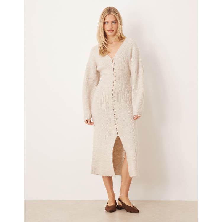 Gina Tricot long sleeve shaped knit midi dress in oat beige