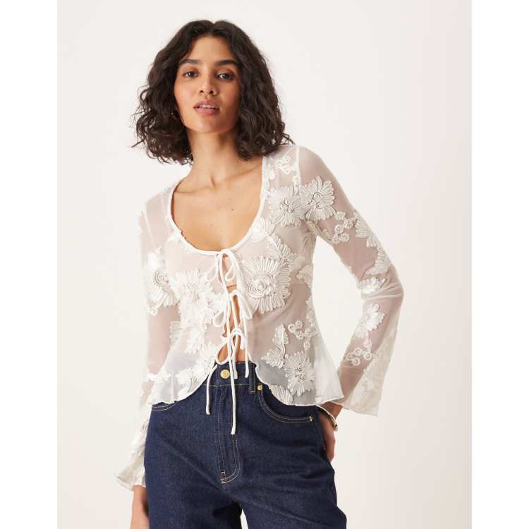 Gina Tricot long sleeve sheer embroidery lace front tie top in