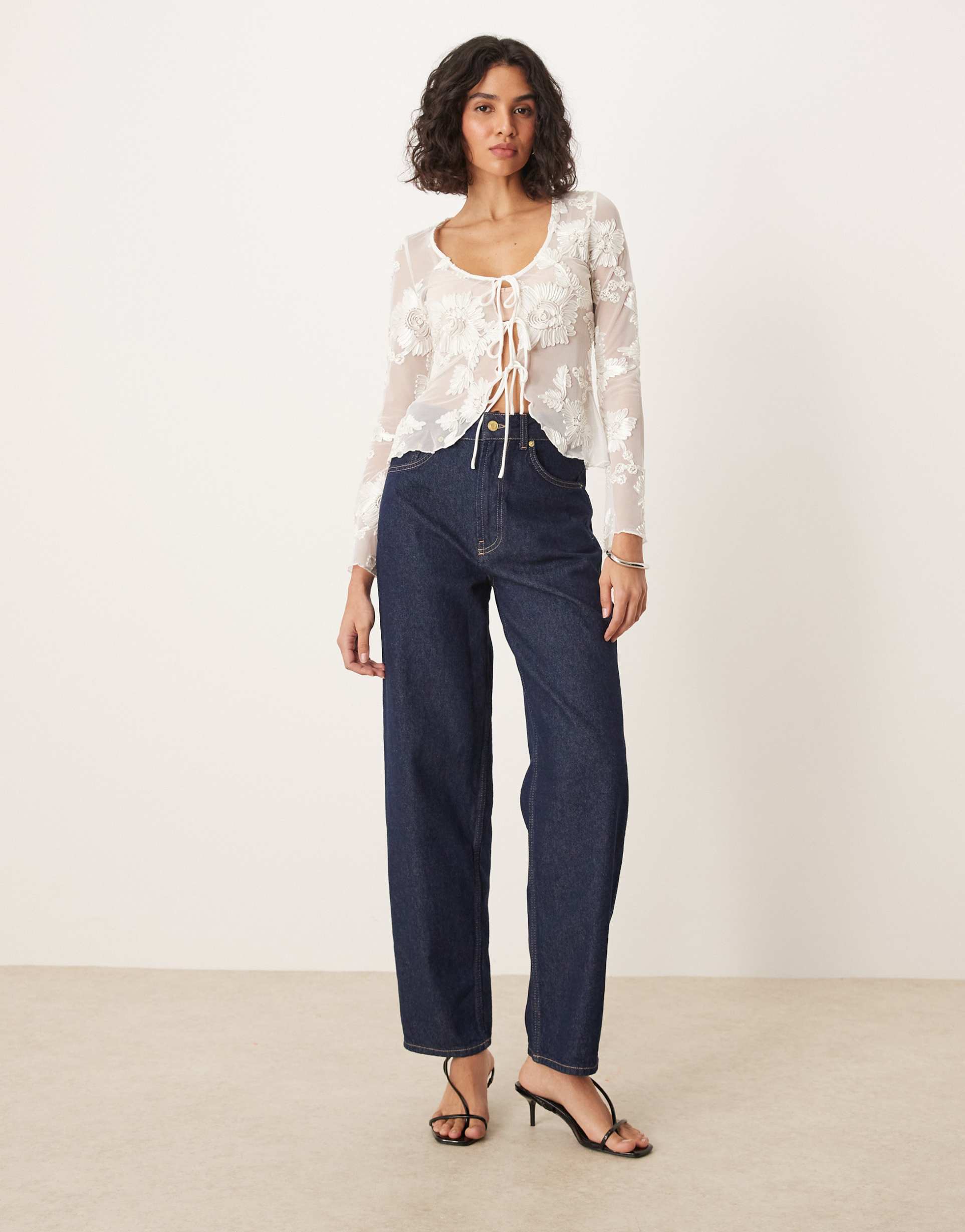 gina tricot long sleeve sheer embroidery lace front tie top in white