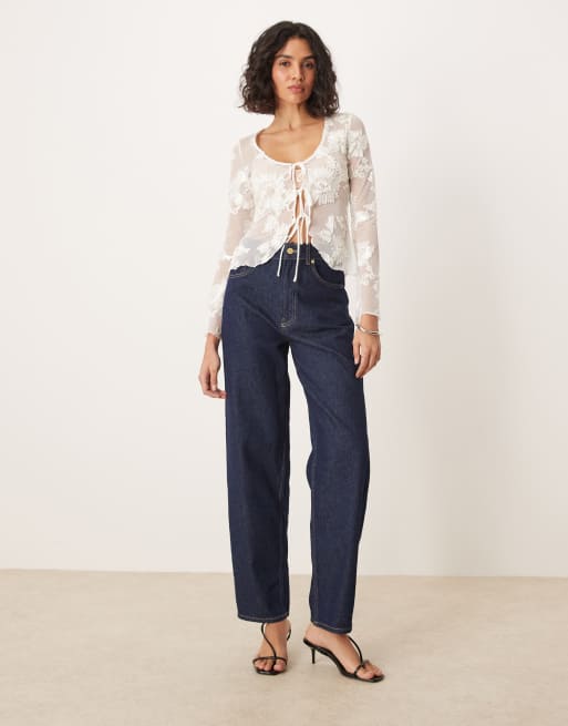 Gina Tricot long sleeve sheer embroidery lace front tie top in