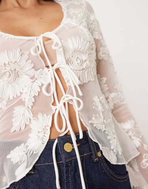 Gina Tricot long sleeve sheer embroidery lace front tie top in