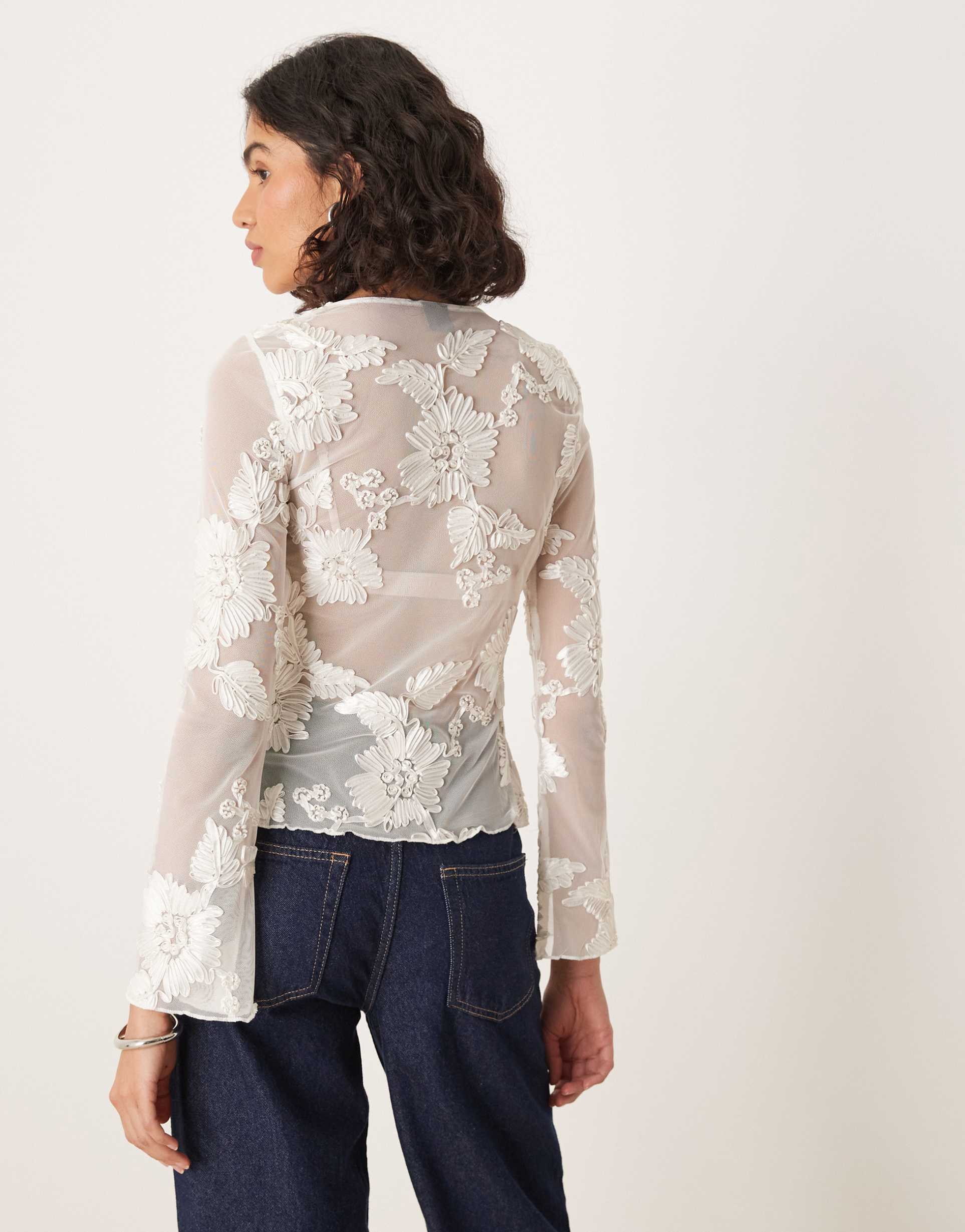 gina tricot long sleeve sheer embroidery lace front tie top in white