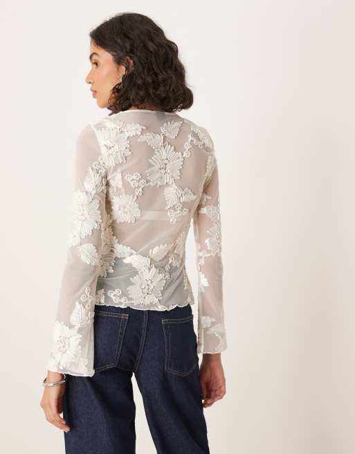 Gina Tricot long sleeve sheer embroidery lace front tie top in
