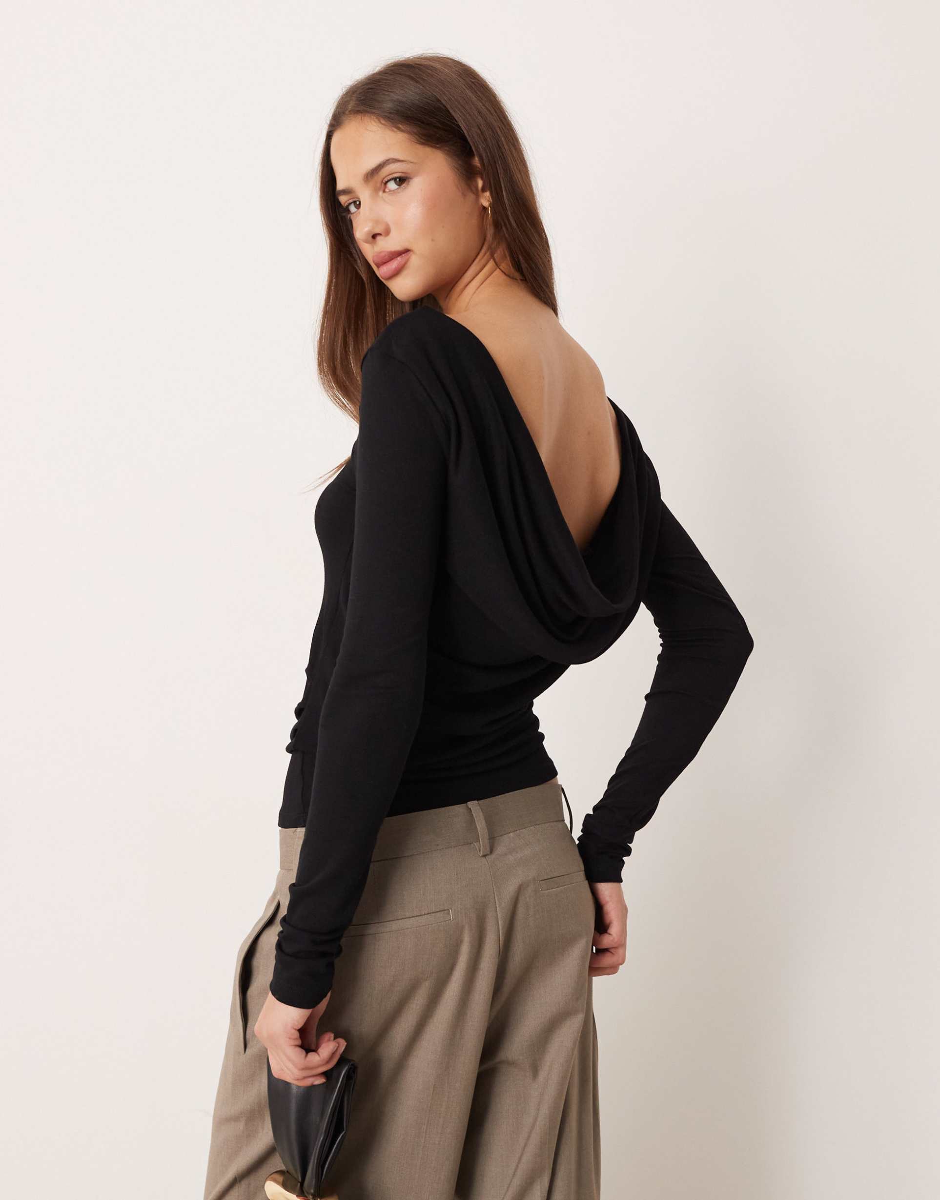 gina tricot long sleeve slim fit top with open drapey back in black