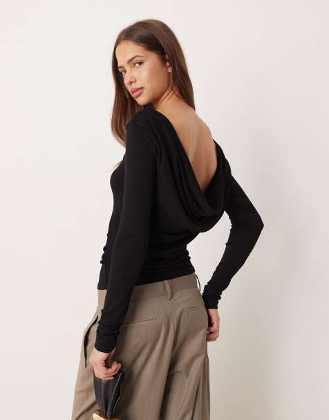 Gina Tricot long sleeve slim fit top with open drapey back in black