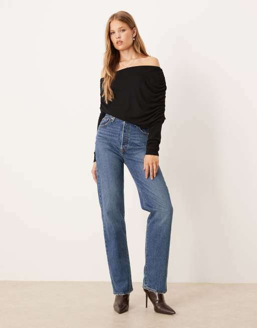 Gina Tricot long sleeve sloped drapey shoulder cape top in black