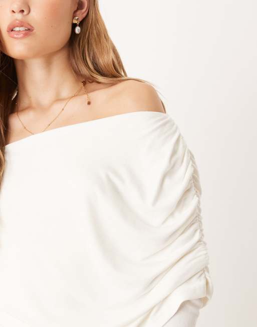 Gina Tricot long sleeve sloped drapey shoulder cape top in cream, 3 of 4