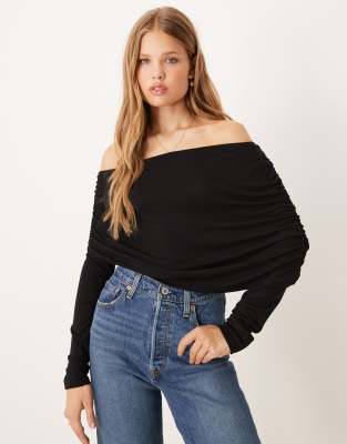 Gina Tricot Long Sleeve Sloped Drapey Shoulders Cape Top In Black