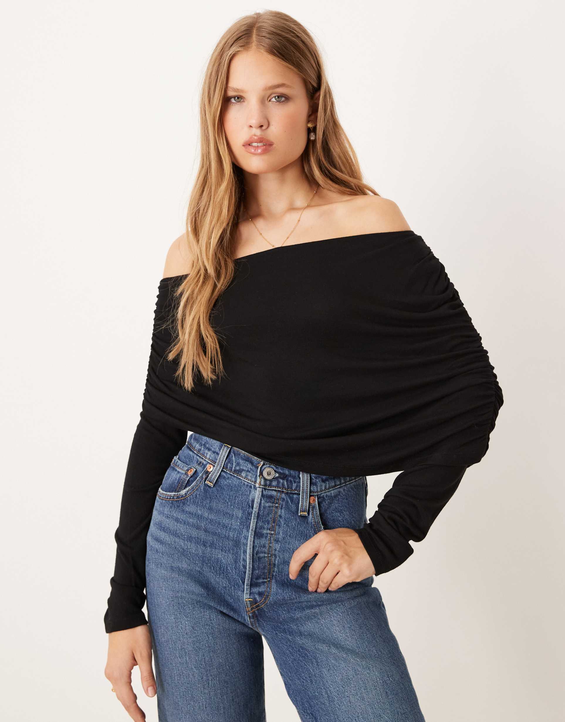 gina tricot long sleeve sloped drapey shoulders cape top in black