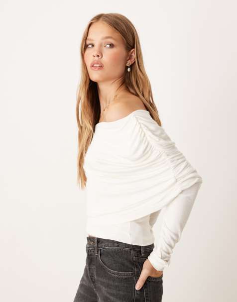 Gina Tricot long sleeve sloped drapey shoulders cape top in cream - view 1