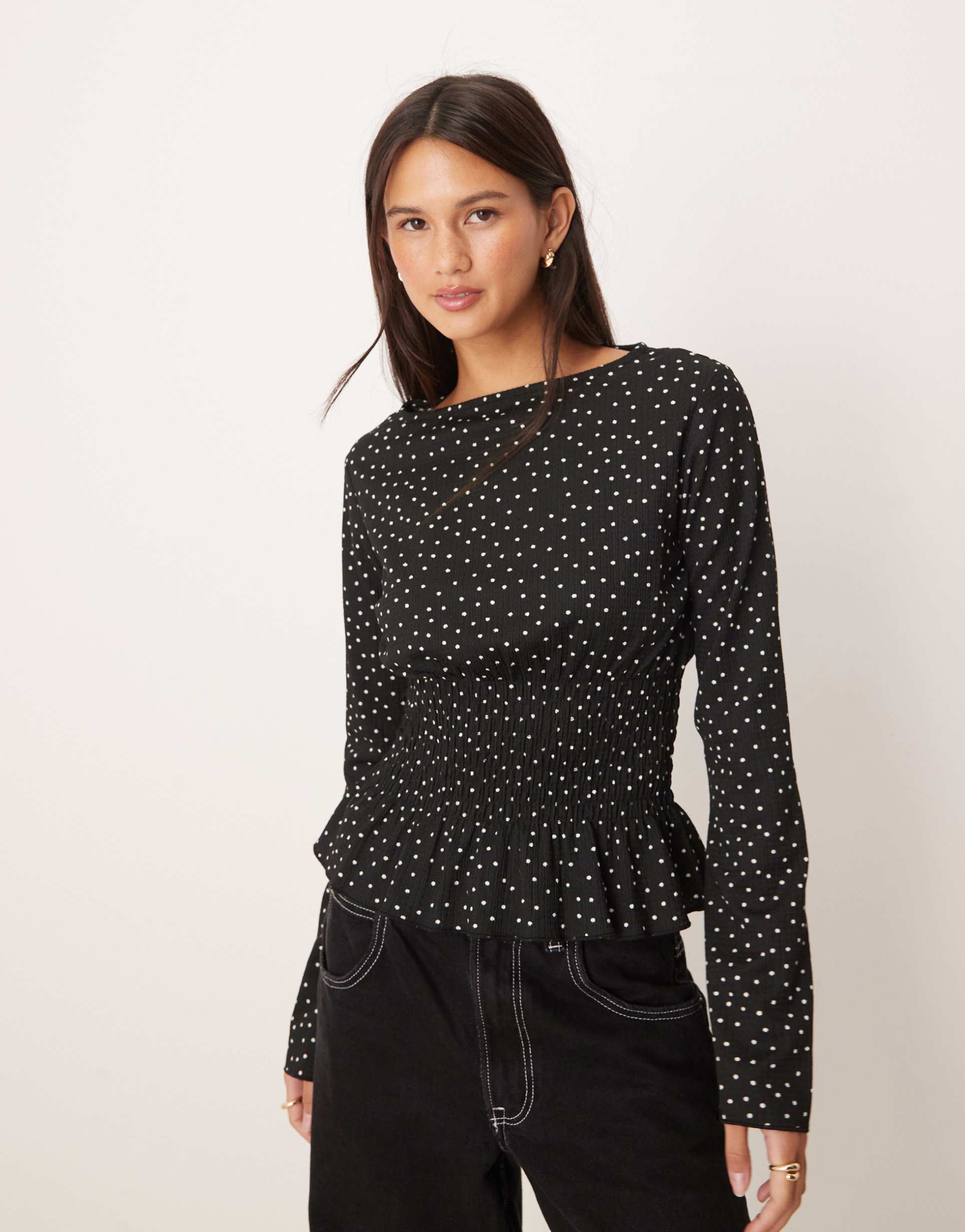 gina tricot long sleeve smock peplum top in black dolka dot