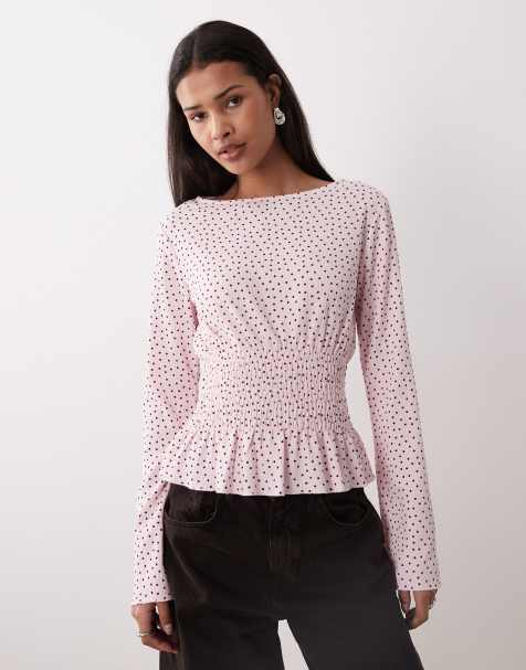 Gina Tricot long sleeve smock peplum top in pink and burgundy polka dot - view 1