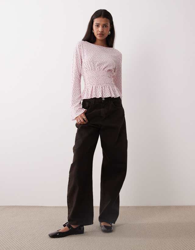 Gina Tricot long sleeve smock peplum top in pink and burgundy