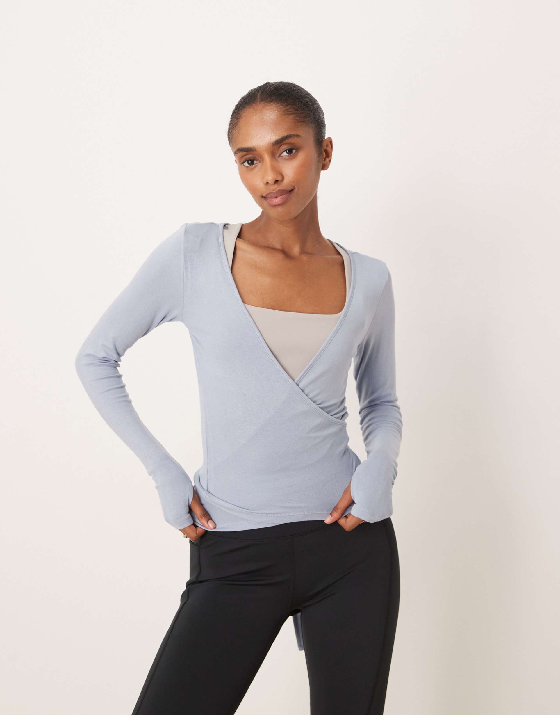 gina tricot long sleeve soft wrap cardigan in dusty blue