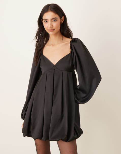 Gina Tricot long sleeve sweatheart neck bubble mini dress in black - view 1