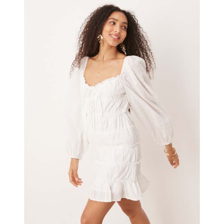 Gina Tricot long sleeve sweetheart neck eyelet mini dress in White