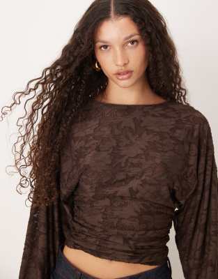 Gina Tricot Long Sleeve Textured Print Crew Neck Top In Brown